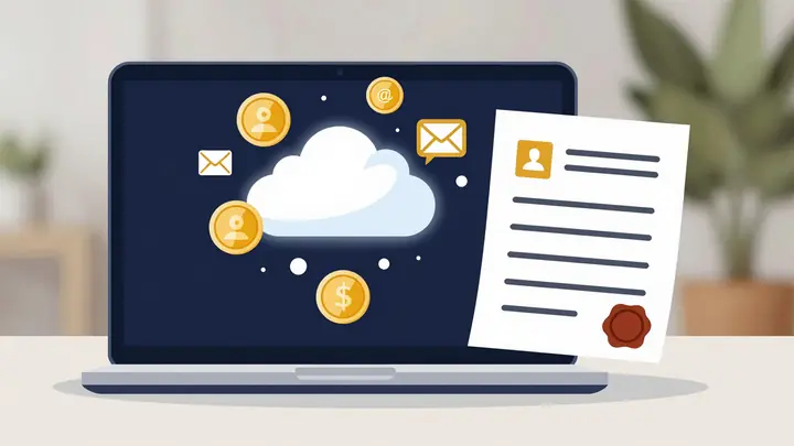 Modern flat illustration of a digital will concept: a laptop with a glowing cloud of social media icons, email symbols a