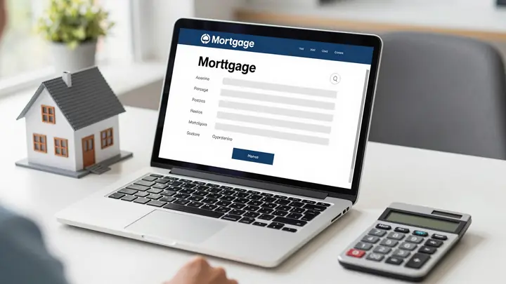 Modern digital mortgage broker concept: laptop with mortgage application interface, house model and calculator on desk, 