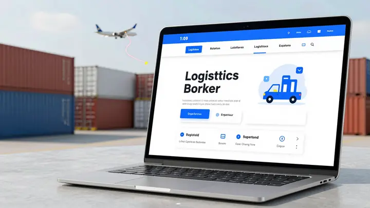Modern digital logistics broker platform interface on laptop screen, cargo containers and shipping routes in background,