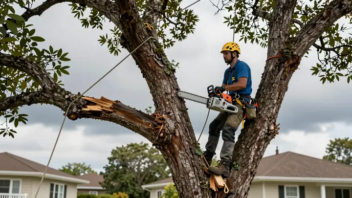 Professional arborist in safety gear climbing a large old tree with chainsaw and ropes, removing dangerous tree in resid