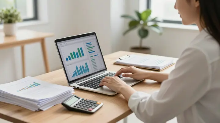 A professional accountant working remotely from a bright home office, laptop with financial charts on screen, stack of d
