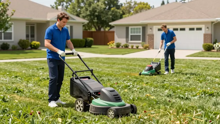 Professional lawn care team working on a green suburban lawn, one worker mowing grass, another aerating, bright summer d