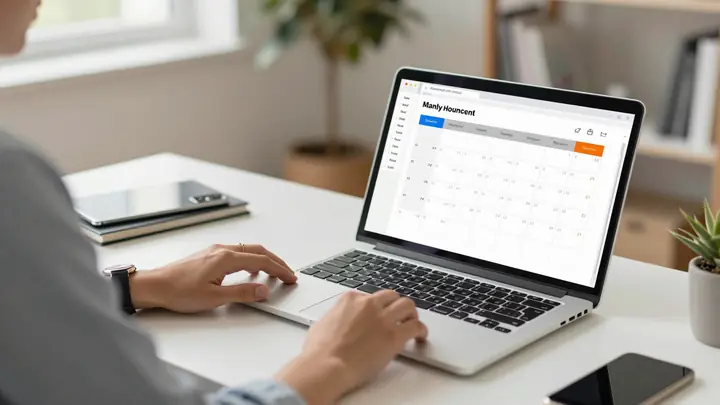 Professional remote assistant working on laptop with documents and calendar, modern home office, clean desk, soft daylig