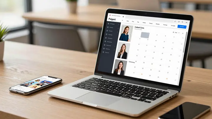 A modern workspace with a laptop and smartphone showing social media analytics dashboards, a content calendar on the scr