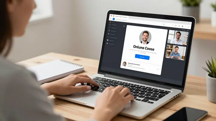 Professional virtual assistant working on laptop with multiple chat windows open, managing online course community, clea