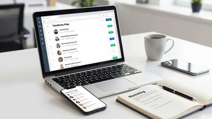 A modern workspace with a laptop showing Yandex Maps business listings, smartphone displaying customer reviews, notebook
