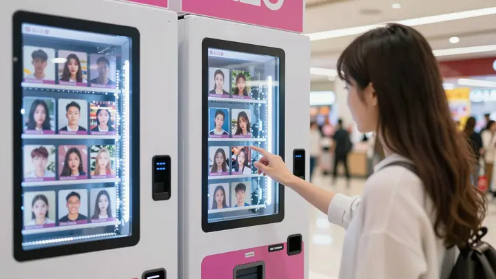 Modern photo printing vending machine in a shopping mall, young woman printing Instagram photos on touchscreen kiosk, br