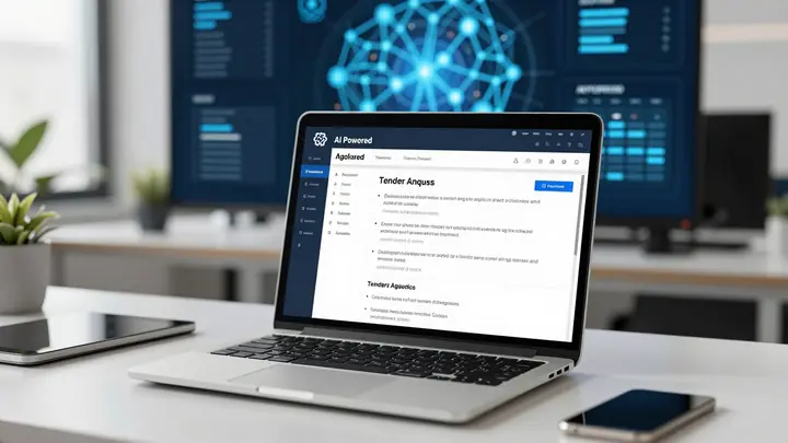 Modern office workspace with laptop showing AI-powered tender document analysis interface, neural network visualization 