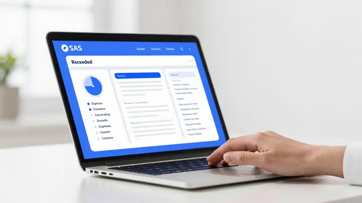 Modern minimalist illustration of a professional using a specialized AI tool on a laptop, vertical SaaS interface with i