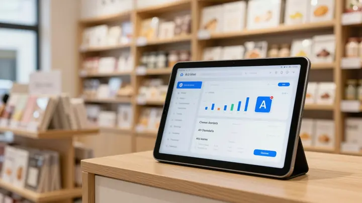 Modern small retail store interior with a tablet showing AI analytics dashboard, warm lighting, shelves with products in