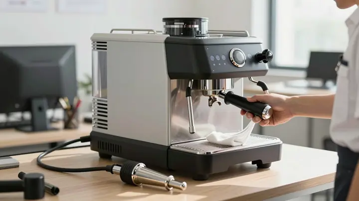 Professional technician cleaning an espresso machine in a modern office, tools and ultrasonic cleaner on table, bright n