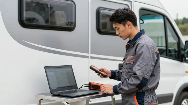 Professional technician in work clothes inspecting a motorhome camper van with diagnostic equipment, laptop and scanner 