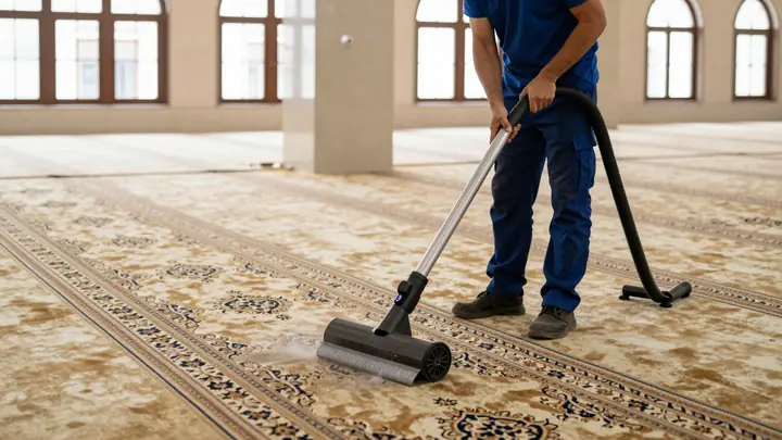 Professional carpet cleaning service inside a mosque, worker with extraction machine cleaning large ornate prayer rug, w