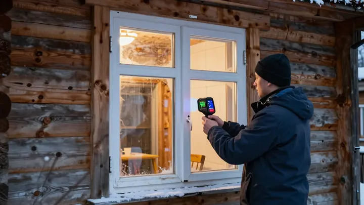 A worker in winter clothes insulating windows of a wooden country house, thermal imaging camera in hand, autumn evening 