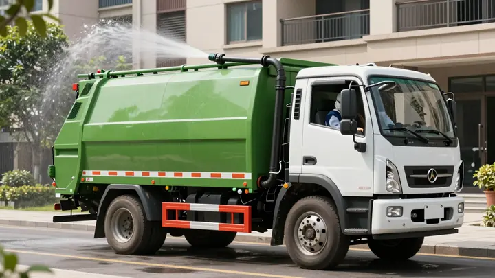A specialized mobile truck with high-pressure washing equipment cleaning green garbage containers in a residential court