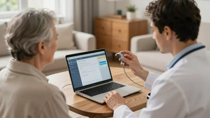 Professional audiologist adjusting hearing aid for elderly patient at home, portable laptop with hearing aid fitting sof