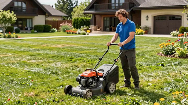 Professional gardener mowing a lush green lawn at a luxury cottage village, gasoline lawn mower, sunny summer day, well-