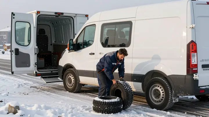 A mobile tire fitting van parked next to a courier delivery van on a winter road, technician changing winter tires, snow