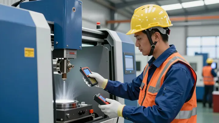 Professional engineer in safety helmet and workwear performing vibration analysis on industrial CNC machine with portabl