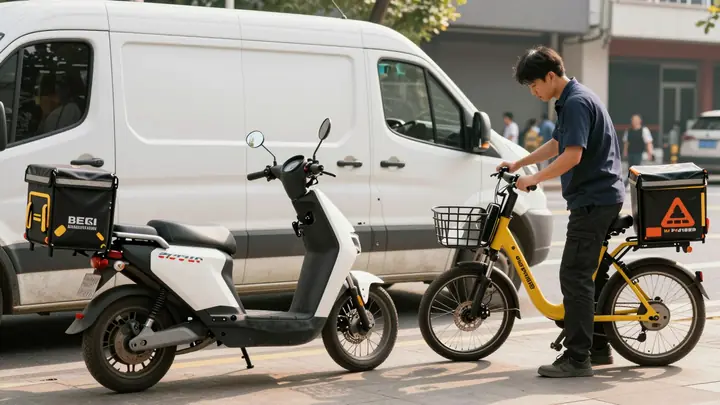 Mobile electric bike charging service van parked next to courier on electric bicycle, city street, technician connecting