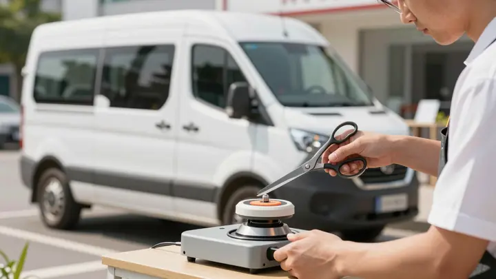Mobile knife sharpening service van parked near beauty salon, master sharpening scissors on portable grinding machine, b