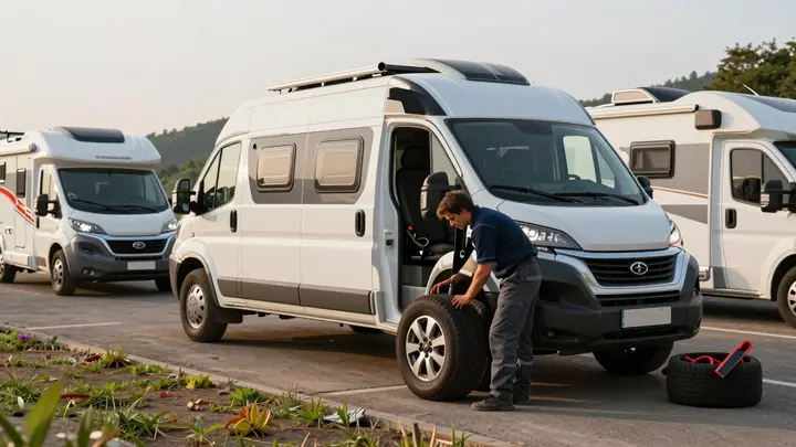 Mobile tire fitting van parked at a scenic campsite with motorhomes, mechanic changing a wheel on a camper van, tools an