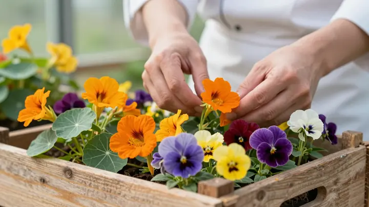 Close-up of vibrant edible flowers (nasturtium, viola, calendula) in a rustic wooden crate inside a small greenhouse, so