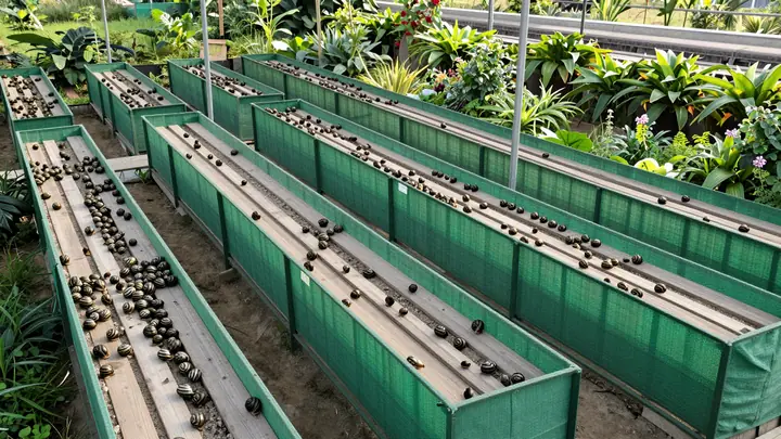 Aerial view of a snail farm with rows of green enclosures, hundreds of grape snails on wooden boards, soft morning light