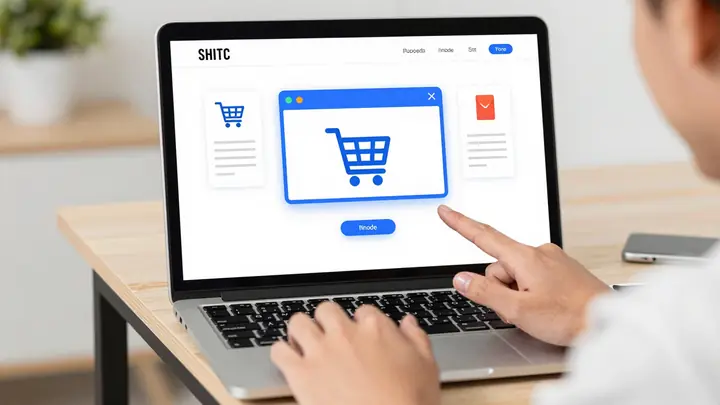Modern flat illustration of a person building an online store on a laptop with no-code blocks, e-commerce icons, shoppin