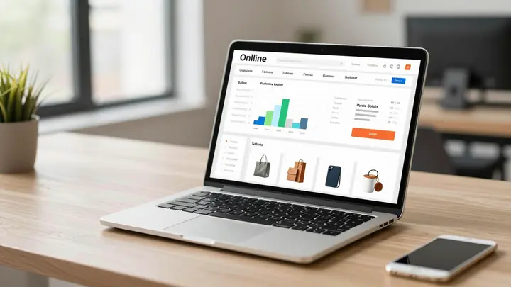 A clean, modern workspace with a laptop showing an online marketplace seller dashboard, charts and product cards on scre