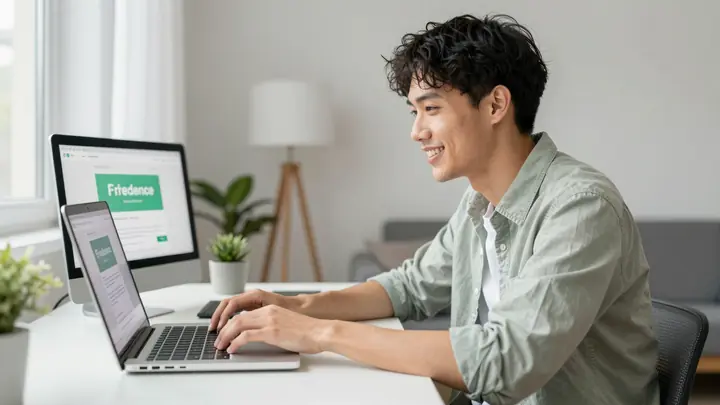 Young freelancer working on laptop at home desk, bright modern interior, profile on freelance marketplace visible on scr