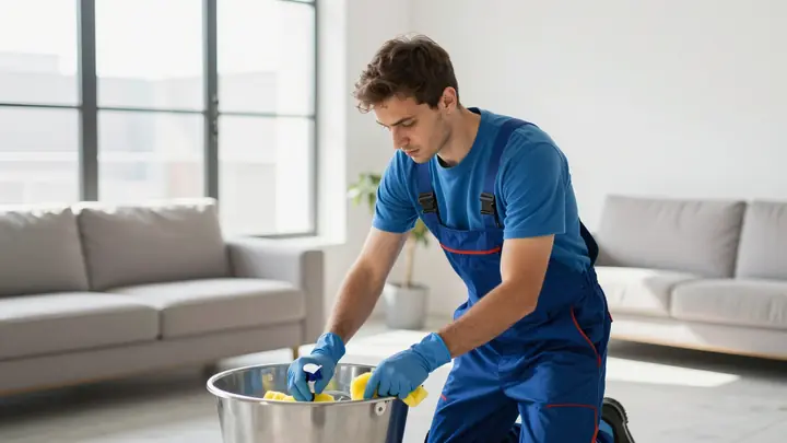 A freelancer cleaning an apartment with basic tools, bright natural light, realistic photo style, no brand logos