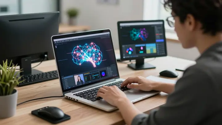 Freelancer at a laptop with glowing neural network interface, creating video content with AI tools, modern workspace, ci