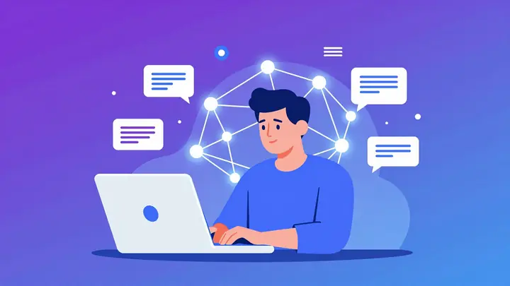 Modern flat illustration of a freelancer at a laptop with glowing neural network connections and AI-generated content fl