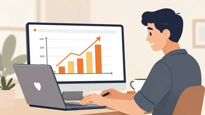 Modern flat illustration of a content creator working on a laptop with a growing revenue chart and the Yandex Zen logo s