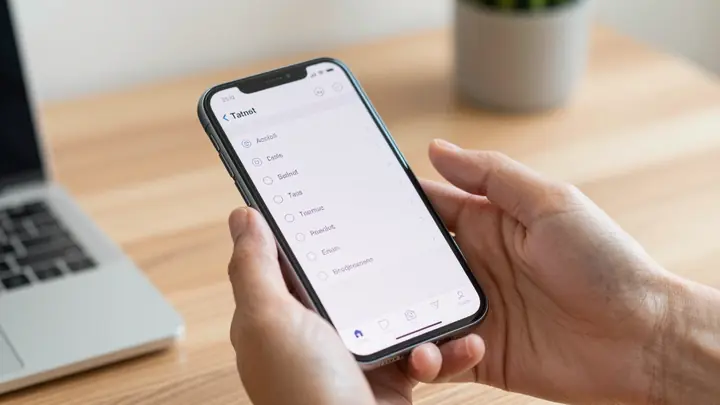 Close-up of hands holding a smartphone with a task list interface on screen, cozy home workspace, warm lighting, shallow
