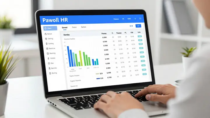 Modern payroll and HR software dashboard on a laptop screen, small business owner working at desk, clean interface with 