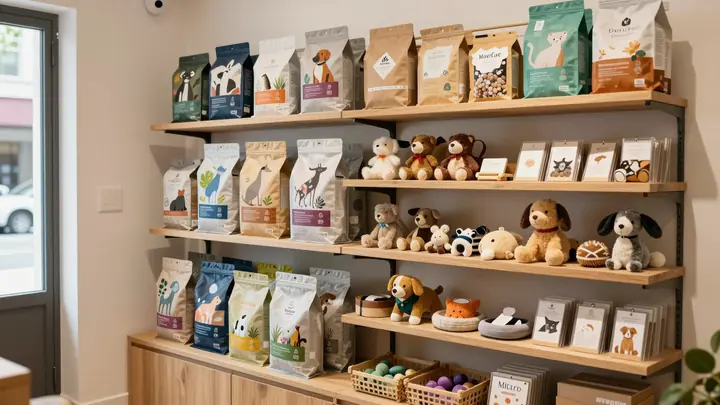 Cozy small pet store interior with wooden shelves displaying natural pet food bags, handmade pet accessories and toys, w