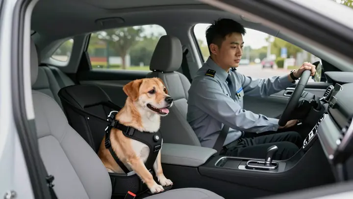 A professional pet taxi service car with a dog in a safety carrier in the back seat, driver in uniform opening the door,